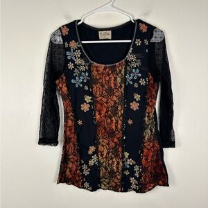 EDISTA Women's Vintage Y2K Sheer Lace Sleeve Embellished Scoop Neck Top Size L